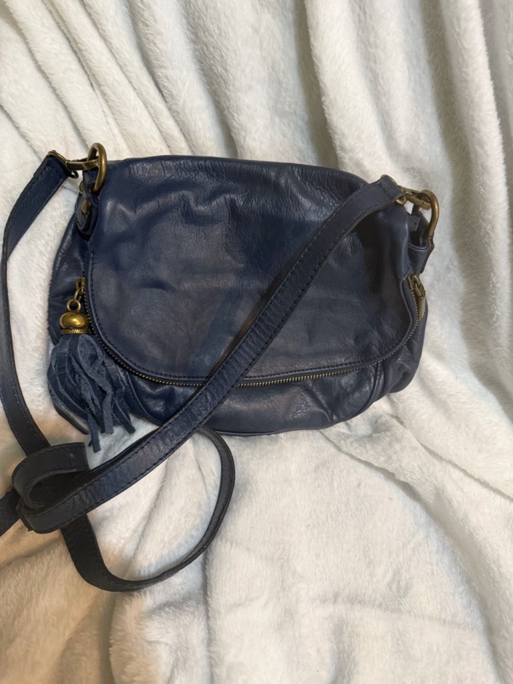 Navy Leather Tassel Crossbody Bag